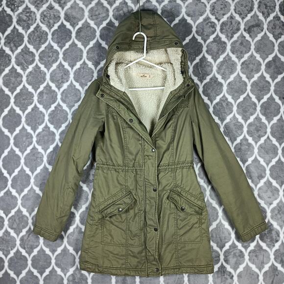 Hollister Olive Green Sherpa Lined Coat Women Medium Hooded Parka Jacket Y2K - Picture 1 of 9